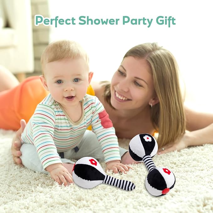 Soft Baby Rattles 0-6 Months - 2 Pack Infant Developmental Toys with Black & White Contrast | Sensory Newborn Toys for Girls & Boys | Set (BPA Free)