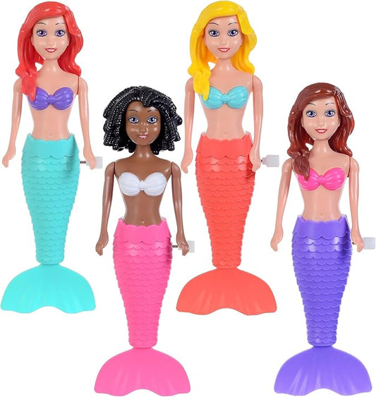 dollbie 4-Pack Wind-Up Mermaid Bath Toys for Kids -Toddler Bath Toys for Kids Moving Tail Priness Doll Diverse Hair Colors & Styles Mermaids, Swimming Pool Party Favors