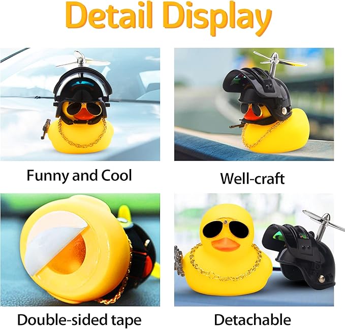 wonuu Rubber Duck Car Ornaments Cool Yellow Duck Car Dashboard Decorations Squeaky Glasses Duck with Propeller Helmet for Car ccessories Dashboard (Full_Black-Yellow G)