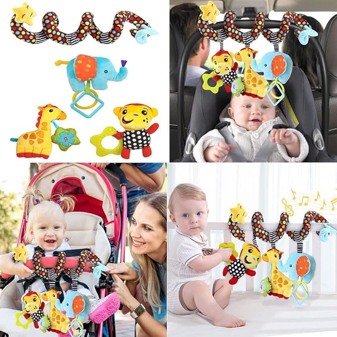 WILLWAY Car Seat Toys, Stroller Toy Baby Spiral Hanging Toys for Sensory Exploration, 0-12 Months Newborn Toys for Car Seat Stroller Crib Bassinet Mobile with Music Box BB Squeaker Rattles