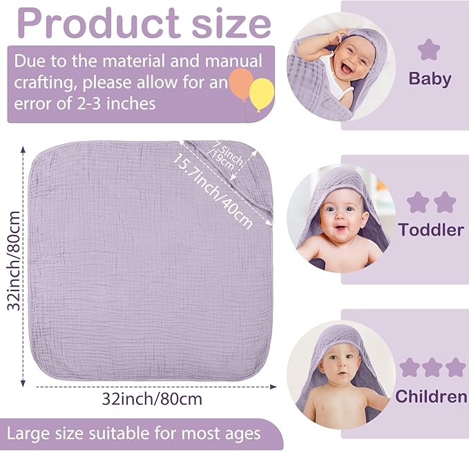 Peryiter 4 Pcs Muslin Hooded Baby Towels, 32"x 32" Cotton Newborn Bath Towel Muslin Infant Baby Blankets Absorbent Unisex Newborn Registry Gift Essentials for Girls Boys (Boho Colors)