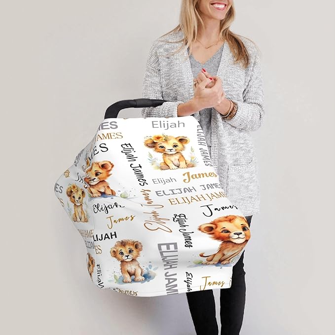 Personalized Baby Car Seat Covers for Babies, Custom Lion Nursing Breastfeeding Carseat Canopy with Name, Infant Stroller Covers for Newborn Girls Boys, Breathable Carseat Cover