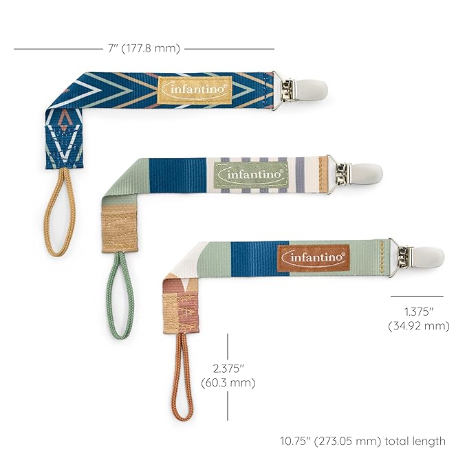 Infantino 3-Pack Pacifier Clip Holders, Universal Fit, Gentle on Clothes, Keeps Pacifiers Clean & Close, Ages 0-36 Months, Geometric Blue