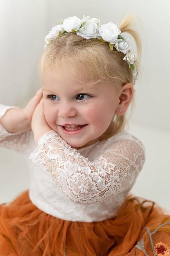 White Flower Crown for Girls Floral Headpieces Kids Headband Wedding Halo Festivals Hair Pieces Boho Rose Children Hair Wreath Photo Prop (Bright White-Child Size)