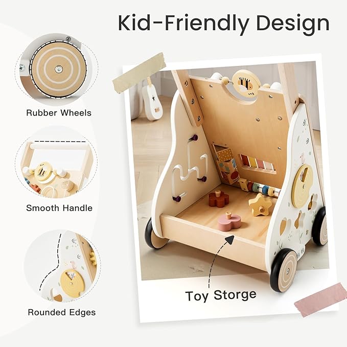 Wooden Baby Walker, Baby Push Walker for Boys and Girls 12 Months+, Adjustable Speed and Height Activity Walker, Montessori Push Toy for Toddler Learning to Walk