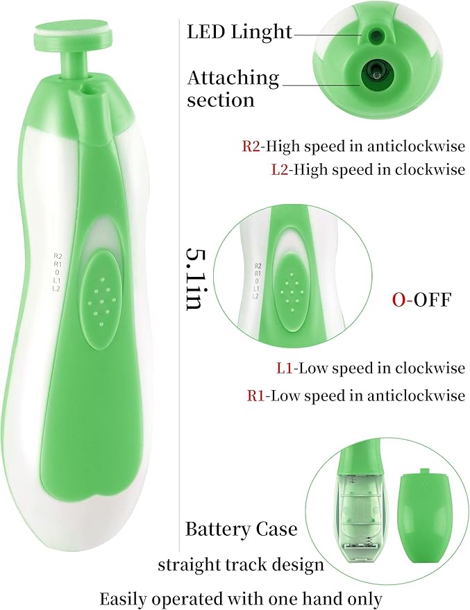 Electric Baby Nail Trimmer, Safe Gentle Nail File Grinder Kit with LED Light, Whisper Quiet, 6-in-1 Nail Care Set for Newborns Toddlers Kids & Adults, Adjustable Speed & Rotation, Portable Trave.Green