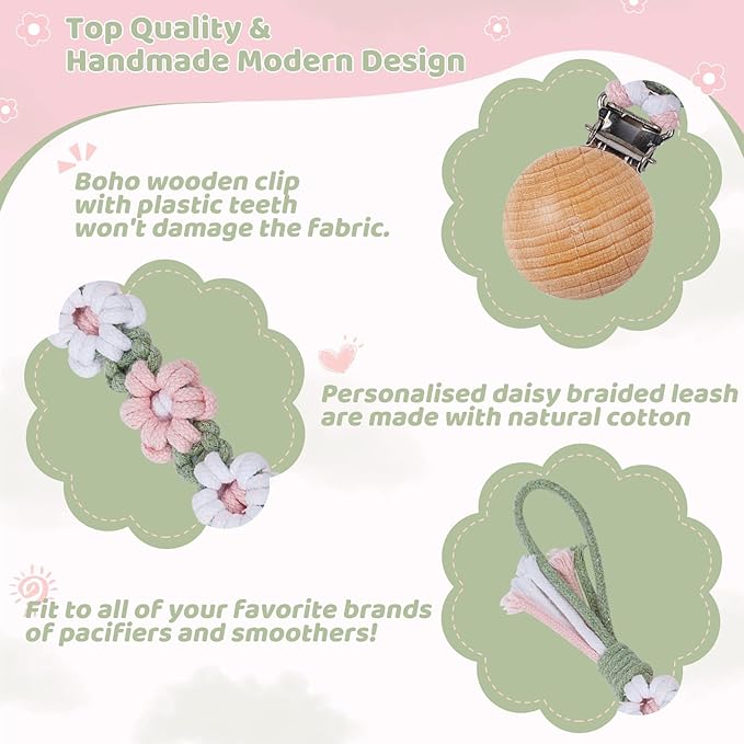 Pacifier Clip for Boys Girls Floral Daisy Macrame Baby Paci Clip Pacifier Holder Leash Boho Wooden Clips Handmade Braided Cotton Binky Clips (2pack:Misty Rose & Green Daisy)