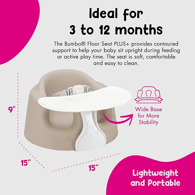 Bumbo Baby Infant Soft Foam Comfortable Support Wide Floor Seat Plus+ with 3 Point Adjustable Harness for Ages 3 to 12 Months, Taupe