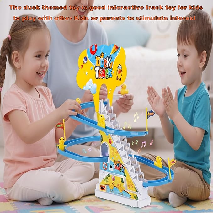 Small Ducks Climbing Toys, Electric Llittle Duck Climbing Stairs Toy, Funny Roller Coaster Track with 3 Ducks LED Lights & Music Button, Small Duck Slide Toys for Children Kids and Baby (C)