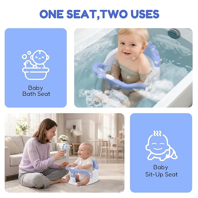 Baby Bath Seat for Babies 6 Months & Up Sitting Up | 360° Stable Toddler Bath Chair with One-Touch Button | Baby Bath Tub Seat with Suction Cups | Open Design, Compact, Detachable, Non-Slip(Blue)