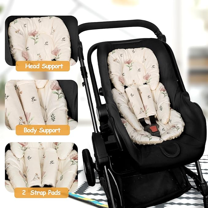 Infant Car Seat Insert with 2 Strap Pads, Super Soft Carseat Head and Body Support for Baby Boys and Girls, Reversible Newborn Car Seat Insert Cushion for Strollers, Bouncers, Swing, Simple Flowers
