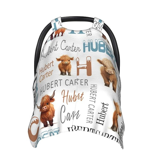 Personalized Highland Cow Carseat Cover for Baby Custom Name Car Seat Canopy for Newborn Baby Boys Girls 2 in 1 Mom Nursing Breastfeeding Covers Minky Baby Carrier Stroller Covers