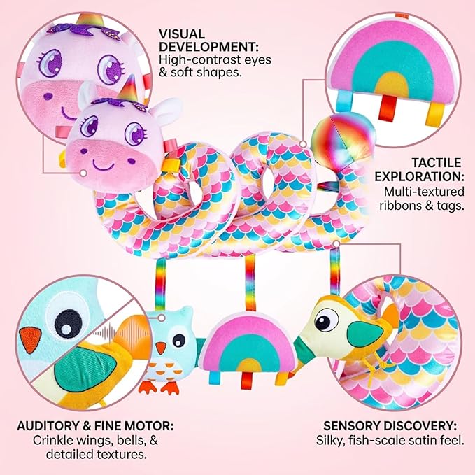 Multi-Use Baby Spiral Activity Toy – Spiral carseat Toy for Car Seat, Stroller,Play Gym, Keeps Baby Quiet, Easy Travel Solution