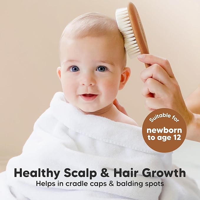 Wooden Baby Hair Brush for Toddler Girls, Boys - Cradle Cap Brush for Babies, Soft Goat Bristles, Perfect Gentle Scalp Newborn Comb for Infant, Girls, Boys, Bath Essentials (Golden Oak, Regular)