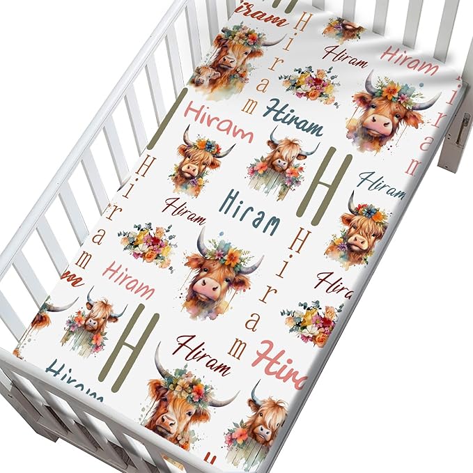 Customized Pack and Play Sheets with Monogram Name, Personalized Highland Cow Cattle Mini Crib Mattress Fitted Sheets for Baby Girls Boys, Soft Breathable Pack n Play Playard Playpen Sheet