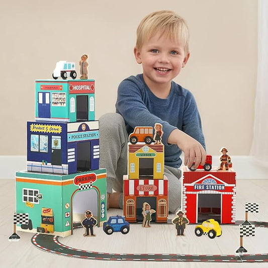 3-in-1 Sorting and Stacking Toys for Toddlers | Wooden Community Helpers, Nesting Boxes & Vehicle Track | Montessori Preschool Learning Toys Gift for 2 3 4 Year Old Boys Girls