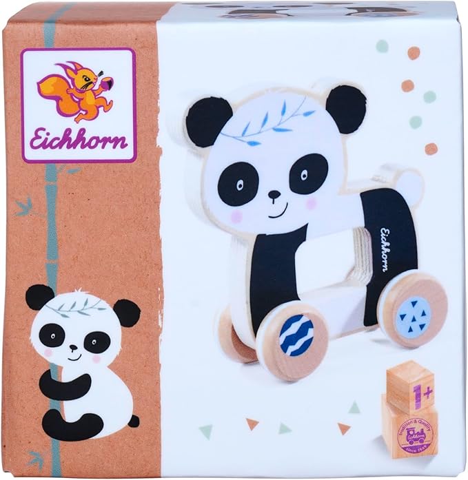 Eichhorn 100003818 Panda Sliding Animal Perfect for Small Children's Hands, 12 cm Long, Silent Silicone Wheels, Made from 100% FSC Certified Beech Wood, from 1 Year