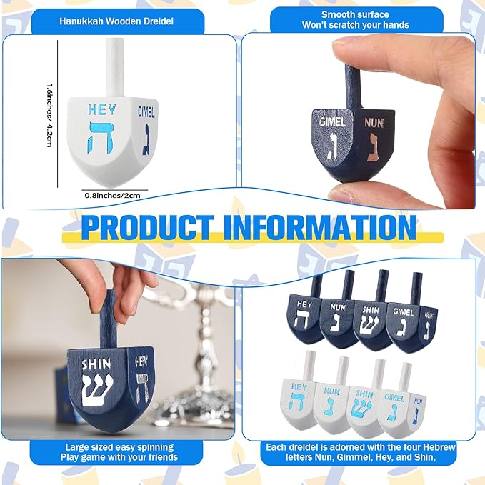 Jenaai 100 Pieces Purim Wooden Dreidel White Blue Natural Wood Dreidels for Passover Party Decorations Projects Crafts Family Fun (1.6 Inch)