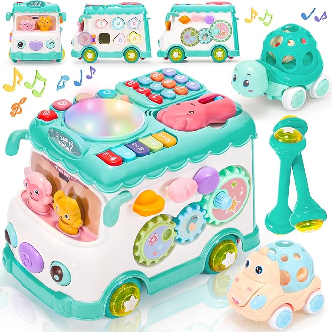 AmiDear Baby Gift for 1-2 Year Old Girl, 10-in-1 Montessori Toys Bus for Baby 6-12-18 Months+, First Christmas and Birthday Gifts, Blue Educational Musical Sensory Learning Toddler Toys Age 1-2