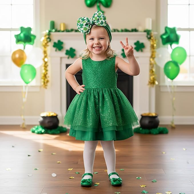 Baby Girl Bows Newborn Headband 0-6 Months Infant Big Bows for Birthday/Baby Shower/Photography/Baby Gifts (Green & four-leaf clover)