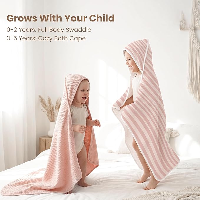 Konssy 2-Pack Muslin Hooded Baby Towels, 100% Cotton, Ultra-Soft & Absorbent Baby Bath Towels with Hood for Newborn & Infant (Pink, Stripe, 32" x 32")