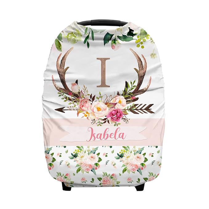Personalized Baby Car Seat Cover for Girls Boys, Custom Nursing Covers for Breastfeeding with Name, Infant Stroller Cover, Baby Carseat Canopy for Newborn, Multiuse Car Seat Canopies, Antlers Deer