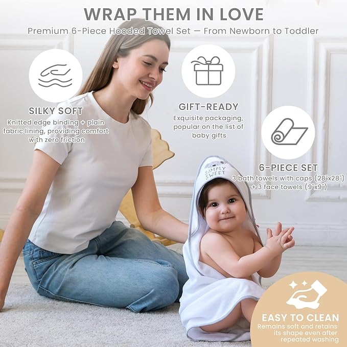 Softan Baby Hooded Towels and Washcloths Set 6 Pack, 28x28 Ultra Soft & Absorbent Baby Bath Towels for Newborn Infant Toddler, Unisex Boys Girls (Pink Heart & Grey Koala)