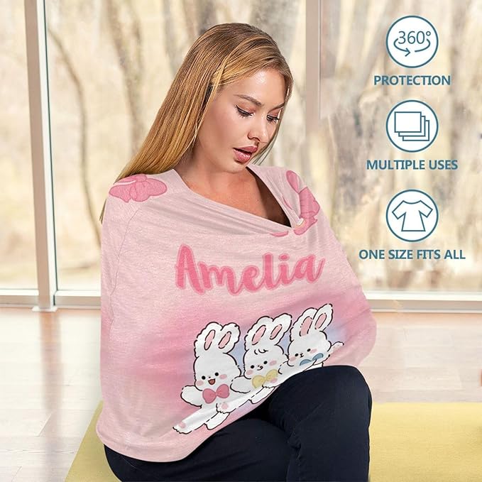 Personalized Baby Car Seat Cover for Babies, Custom Name Baby Car Seats Canopy for Girls, Nursing Breastfeeding Stroller Covers for Infant Newborn, Shower Gift for Baby (Cute Rabbit Pink)
