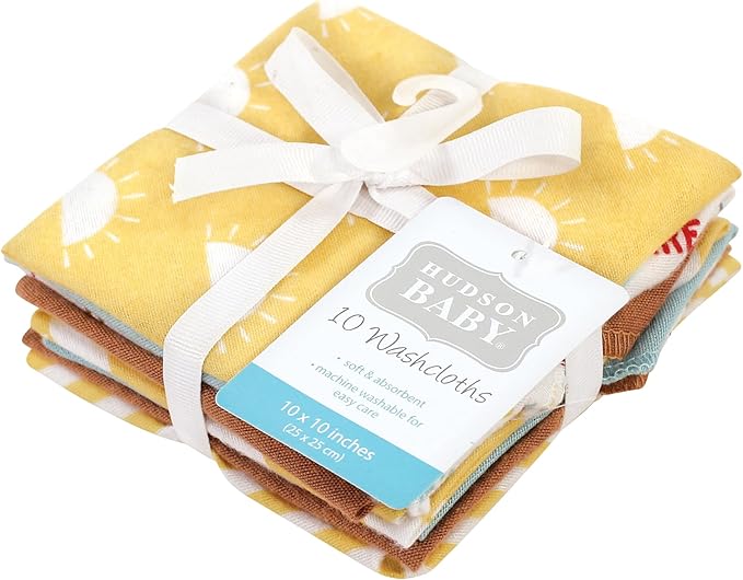 Hudson Baby Unisex Baby Flannel Cotton Washcloths, My Sunshine 10 Pack, One Size