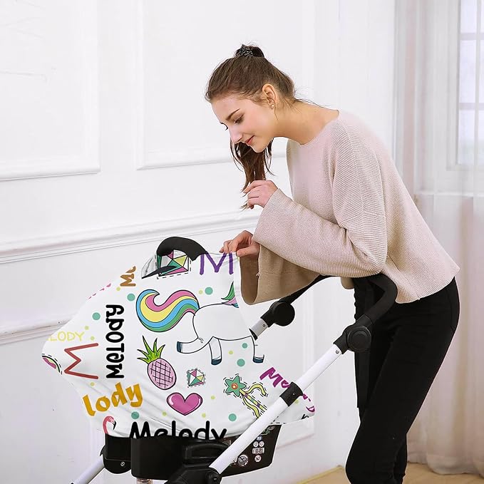 Personalised Car Seat Cover for Babies - White Horse Multi-use Carseat Canopy Cover with Name, Car Seat Covers, Christmas Birthday Gifts for Infant Boys and Girls(27"x29")