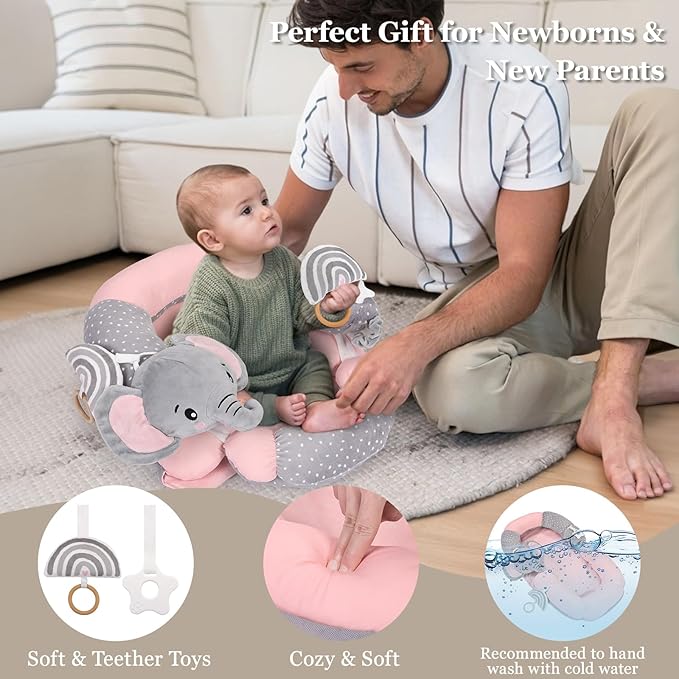 4 in 1 Tummy Time Mat with Educational Cards, Play Mat & Sitting Support for Newborn 0-12 Months, Infant Baby Sit Me Up Floor Seat, Sensory Skills Gifts, Elephant