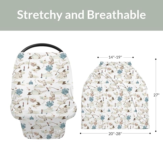 Vintage Wizard Owls Car Seat Cover for Babies Watercolor Witch Hat Books Castle Clouds Stretchy 5-in-1 Cover Adjustable Infant Carseat Canopy Cover Magics Wizard Universe Breathable Nursing Cover-Up