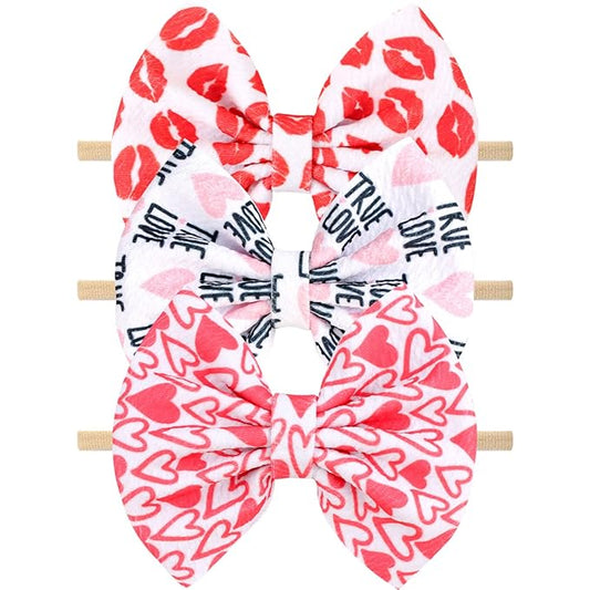 Valentine's Day Baby Headbands Pink Red Love Heart Printed Elastic Nylon Valentines Hairbands for Baby Girls Newborn and Infant 3 Pcs (Valentine's Day- A)