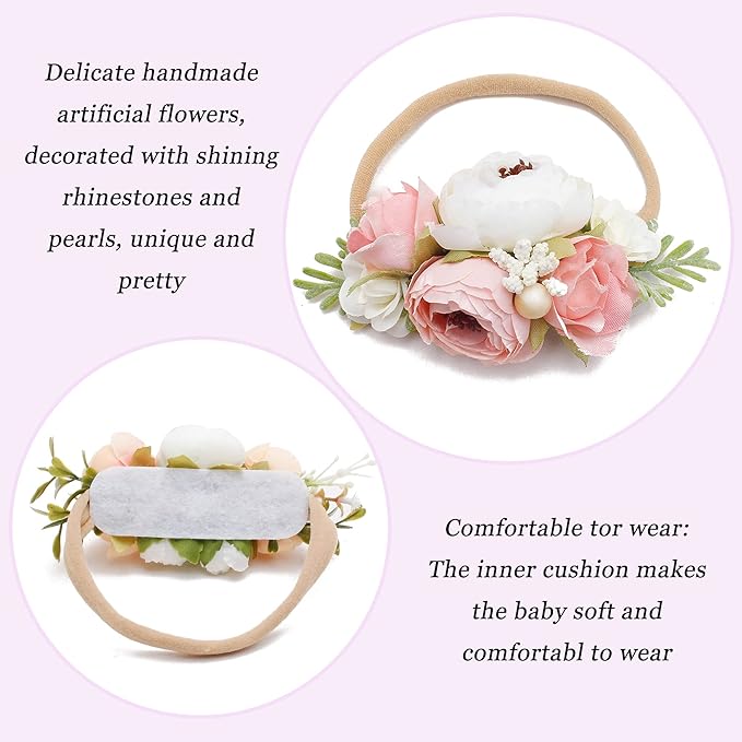 Baby Girl Flower Headband 4 PCS Elastic Hairbands Handmade Nylon Bows Headbands Chic Floral Hair Accessories Kids Gifts for Newborn Infant Toddlers