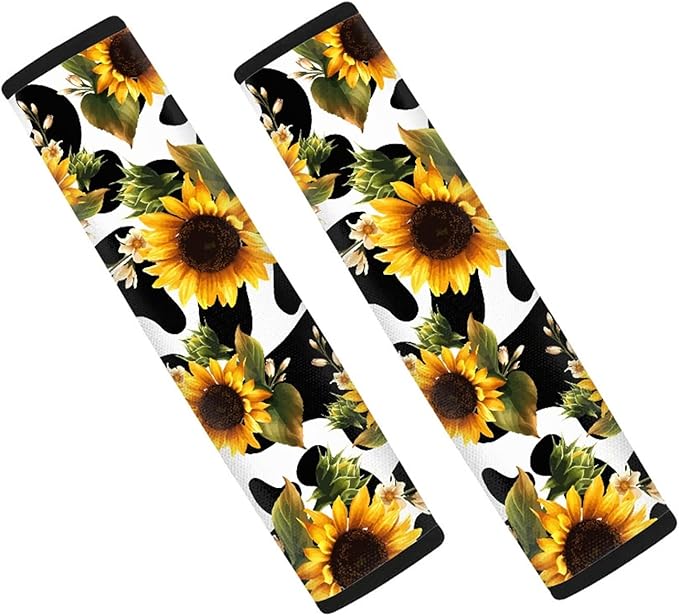 Biyejit Sunflowers Cow Print Seat Belt Cover 2 Packs for Women Soft Car Seat Belt Pad Cushion Shoulder Pads for Adults Kids