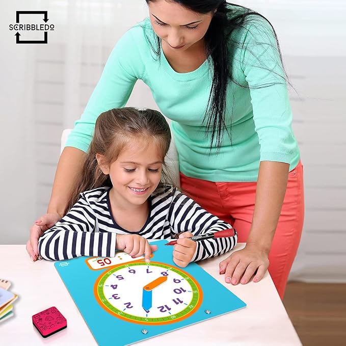 Scribbledo Writable Dry Erase Learning Clock for Kids Write & Wipe Demonstration Clock for Kids Learning to Tell Time Classrooms and Homeschool Supplies
