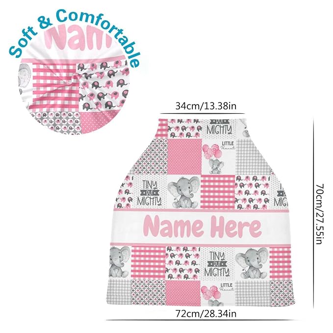 Personalized Elephant Pink Baby Car Seat Cover for Babies with Name, Custom Plaid Design Baby Car Seats Canopy for Girls, Nursing Breastfeeding Stroller Covers Infant Car Seat Blanket for Newborn