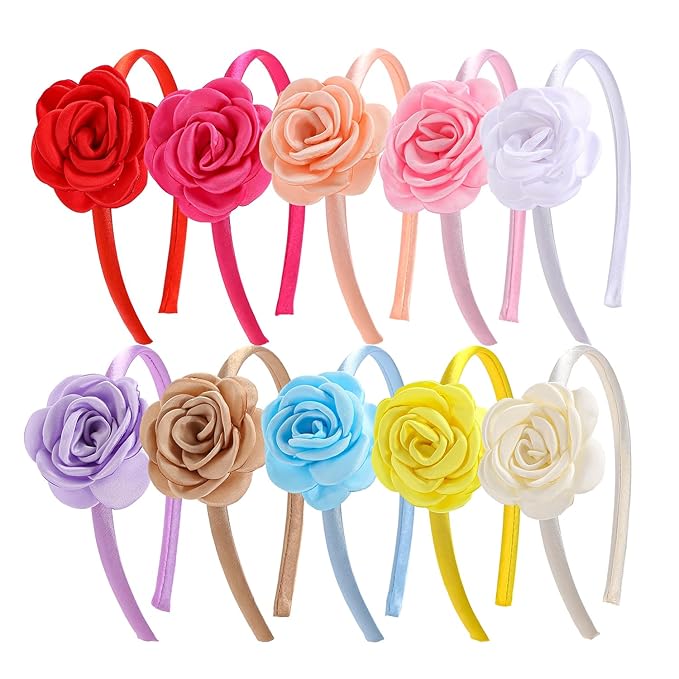 10pcs/set Fabric Rose Flower Headbands for Toddler Girls Floral Hairband Hoops Multiple Colors Flower Hair Accessories for Kids Teens
