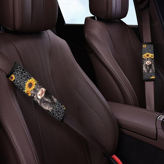 UNICEU Blake Leopard Highland Cow Auto Seat Belt Cover 2 Piece Set Cheetah Car Accessory Anti Slip Automotive Seatbelt Shoulder Pads for Women Men