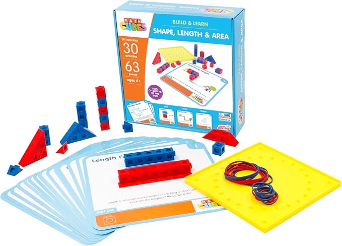 Junior Learning: Mathcubes - Shape, Length & Area - 30 Activity Set, Build & Learn, Blocks & Boards Hands On Math, Educational Set, Kids Ages 4+
