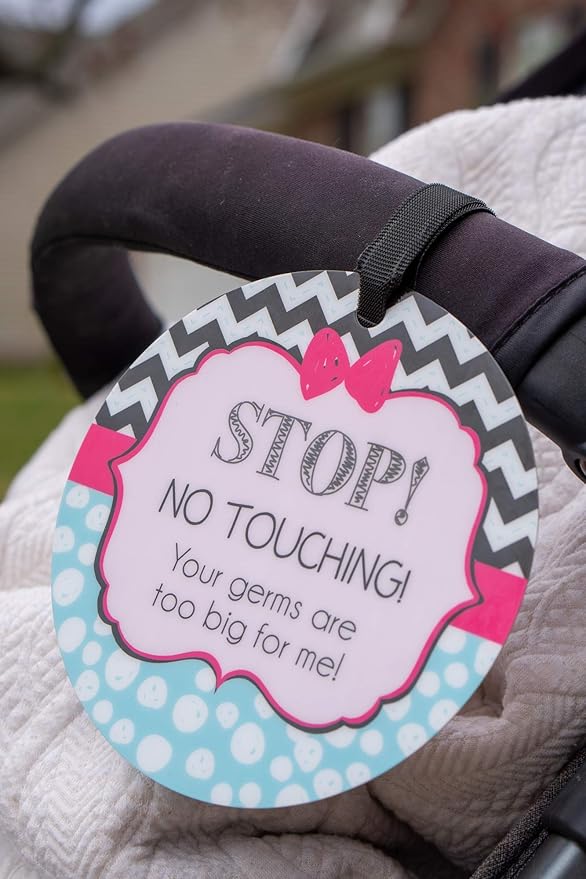 Three Little Tots Two Pack - Pink Zig Zag Stop No Touching Baby Car Seat and Stroller Signs - CPSIA Safety Tested