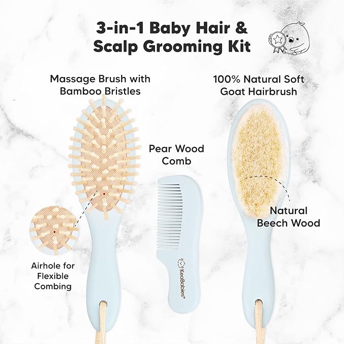 KeaBabies Baby Hair Brush and Baby Comb Set & Baby Washcloths - Wooden Baby Brush with Soft Goat Bristle - Bamboo Viscose Baby Towels and Washcloths