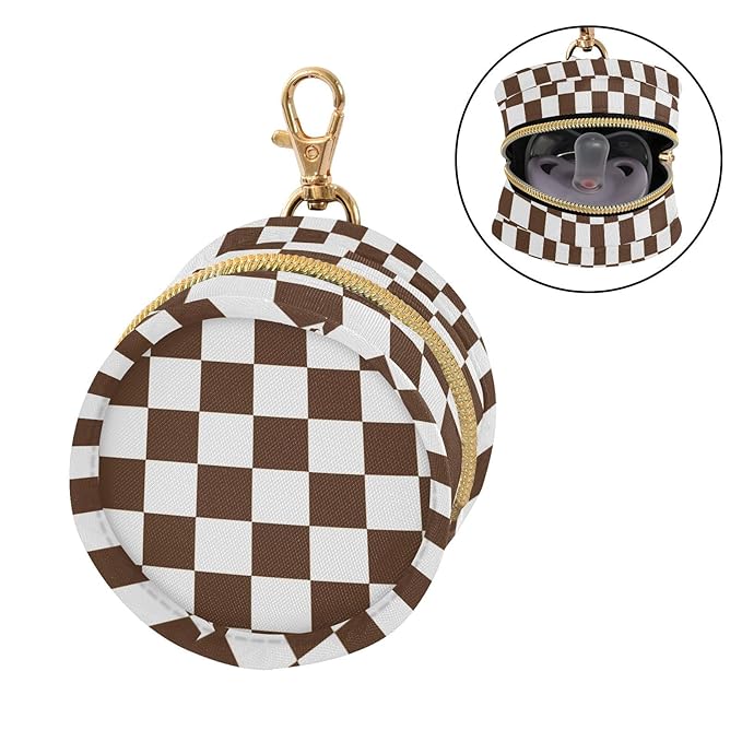 Brown Checkerboard Print Pacifier Holder Case for Diaper Bag Portable Travel Pacifier Storage Case with Clip Newborn Baby Pouch for Baby Boys Girls Purse Outdoor