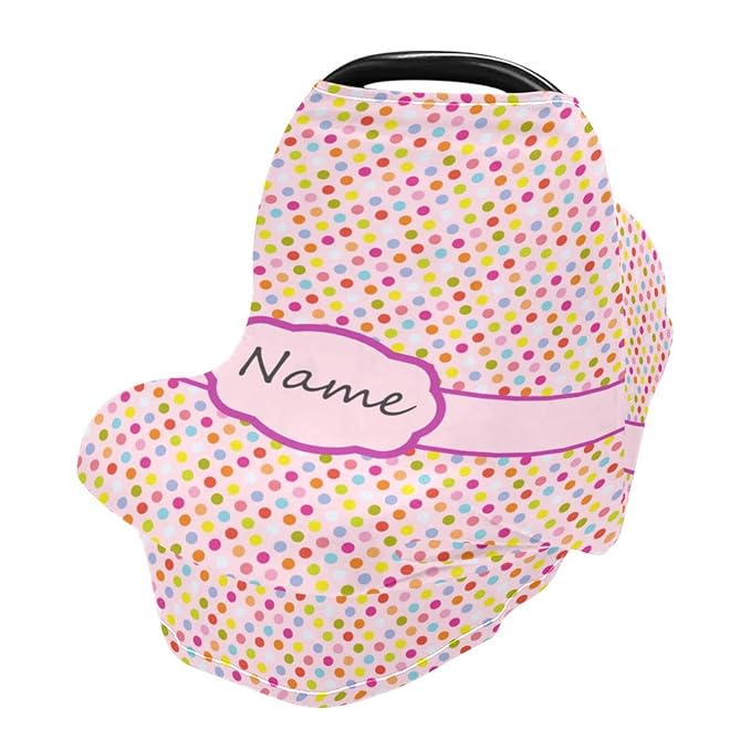 Personalized Baby Name Car Seat Covers for Girls, Custom Multiuse Nursing Cover Breastfeeding Scarf, Carseat Canopy, Gift for Newborn Daughter, Infant Stroller Cover, Colorful Dots