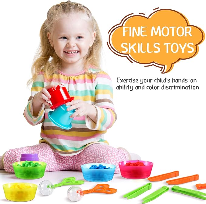 138 Pcs Fine Motor Skills Toys for Early Sensory Education Color Sorting Matching Counting Training, for Ages over 3 Including 8 Sorting Bowls 2 Scissors Clip 8 Tweezers and 120 Colorful Plush Balls
