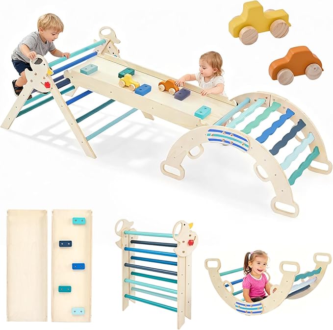 DUMOS Pikler Triangle Set, Toddler Climbing Toys and Play Structure Indoor, 9-in-1 Wooden Montessori Climbing Set with Arch, Ramp and Ladder, Foldable Baby Jungle Gym