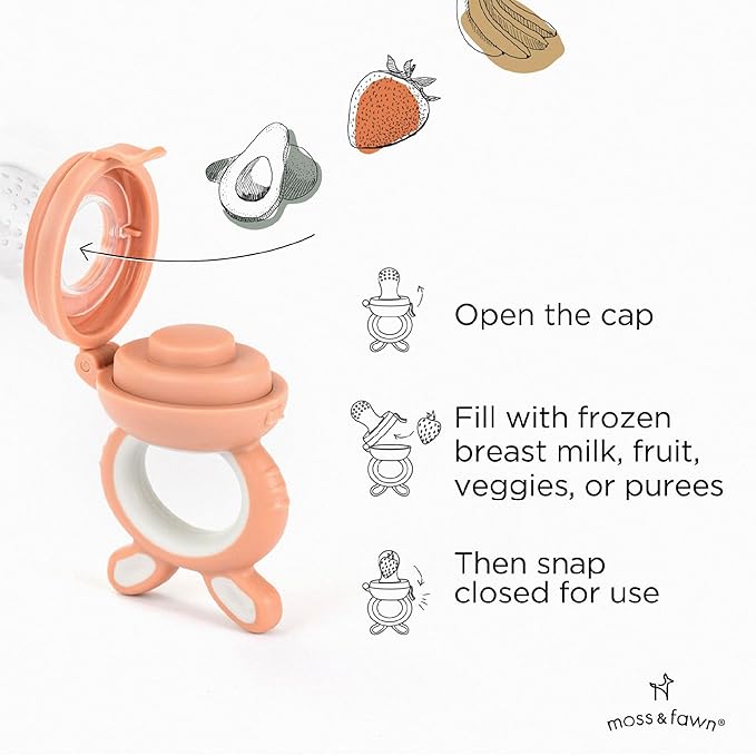 Moss and Fawn Forage Feeder - Baby Fruit Feeder, Frozen Breast Milk Popsicle Teether & Pacifier - BPA, PVC & Phthalate-Free - Bloom