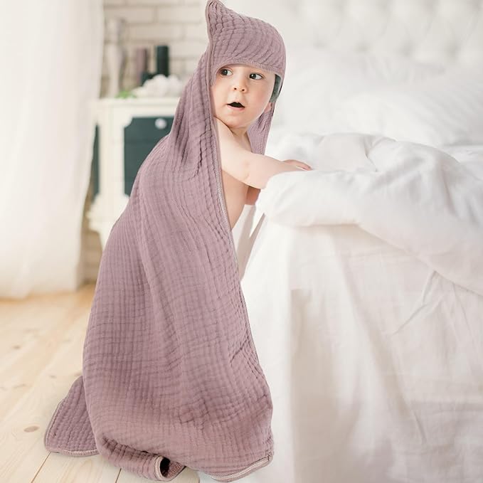 Peryiter 4 Pcs Muslin Hooded Baby Towels 32 x 32 Inch Cotton Newborn Bath Essentials Muslin Infant Blankets Absorbent Registry Gifts for Girl Boy Kids Baby Shower (Beige Series)