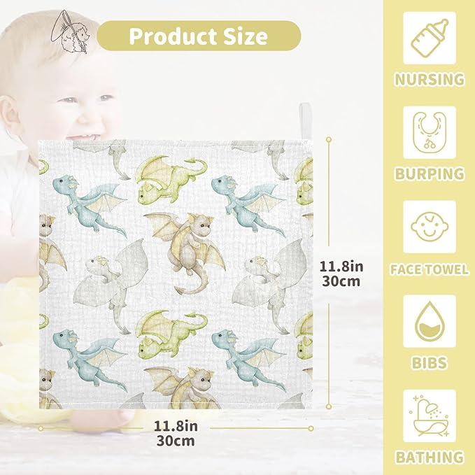 vvfelixl Watercolor Dragons Cartoon Style Baby Burp Cloths Baby Muslin Washcloths for Boys Girls Cotton Baby Face Towel for Newborn Infants Soft and Absorbent 11.8 X 11.8 in, 5 Pack