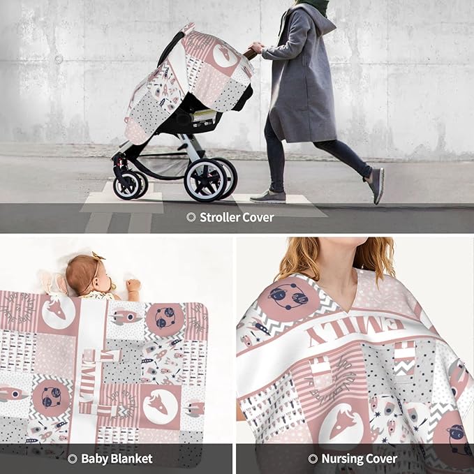 Personalized Baby Car Seat Canopy for Girls, Custom Name Baby Car Seats Covers for Babies, Opening Minky Nursing Breastfeeding Stroller Cover Infant Carseat Canopies for Newborn (Rocket Pink)